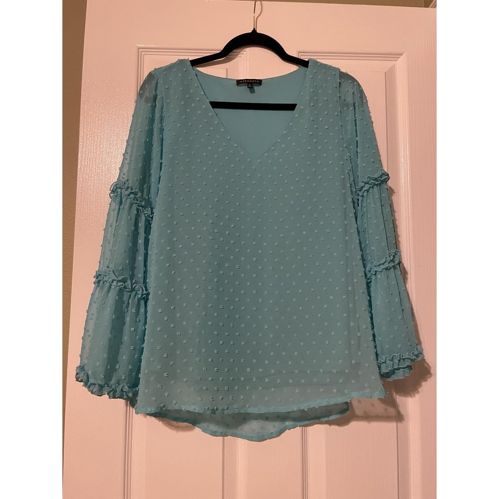 Staccato Blouse Womens M Blue Swiss Dot Tiered Bell Sleeve Chiffon Sheer Top